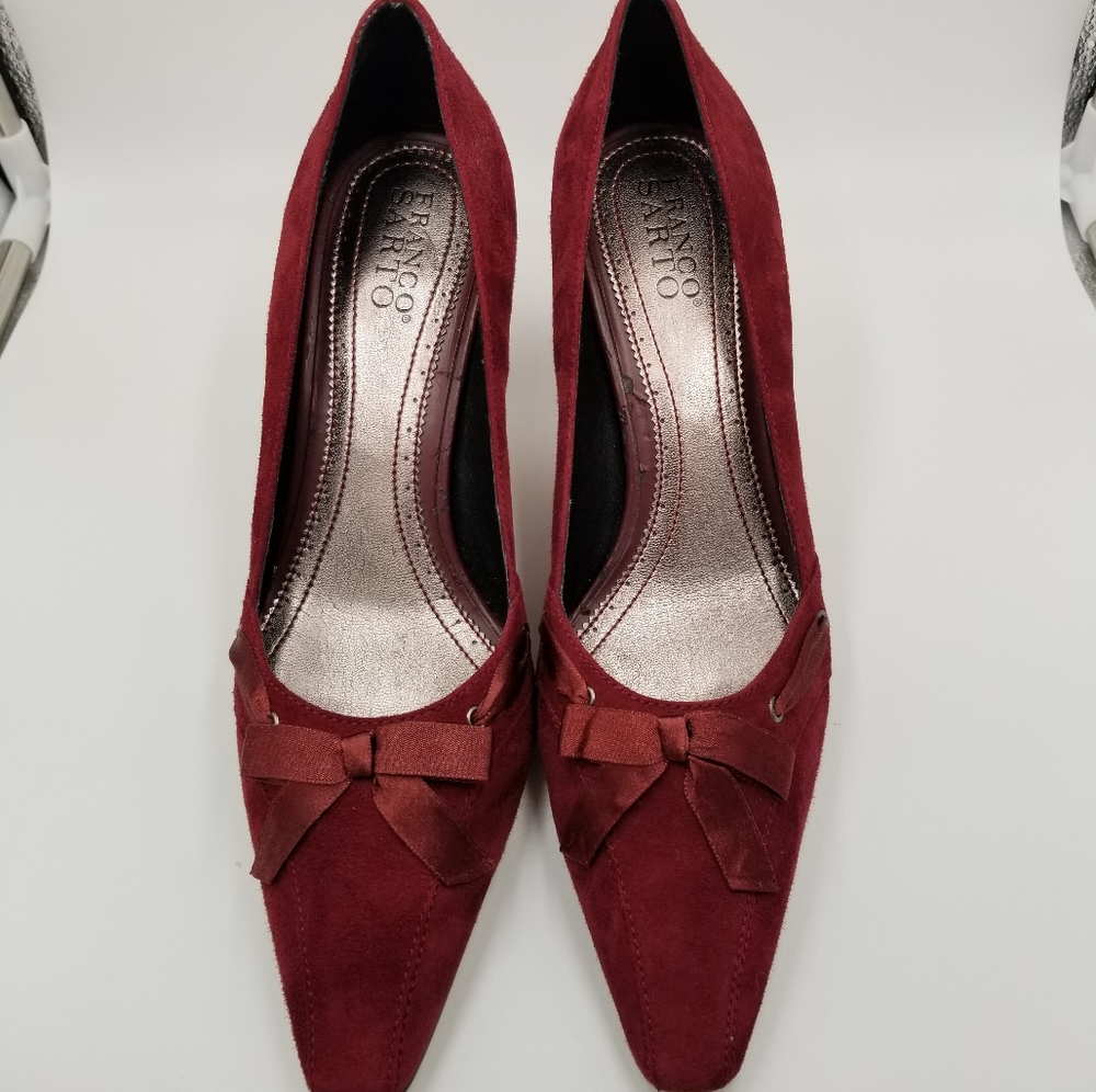 Franco Sarto Impala Burgundy Suede Leather Pumps Bow Details Kitty Heel Size 9M
